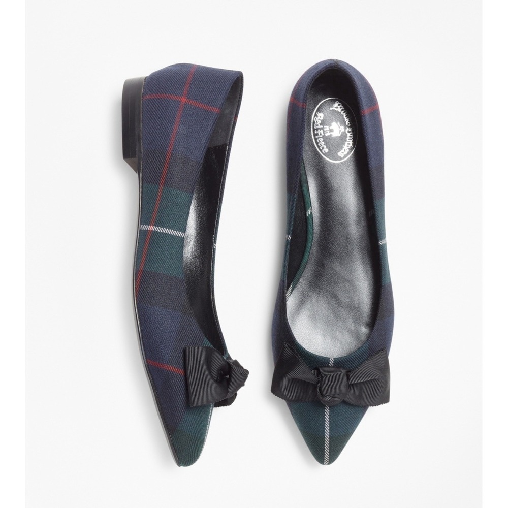 Brooks Brothers Navy Tartan Fleece Slip On Shoes Sz 7.5 Wool Plaid Bow Preppy